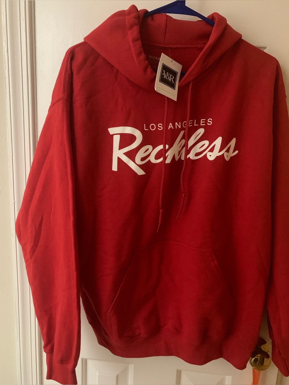 Young & Reckless Red Crewneck Hoodie with White Script. MEDIUM/LARGE